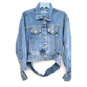 Y2K Denim Jacket Womens Medium Blue Studded Jean Grunge Boxy Punk Edgy Artsy